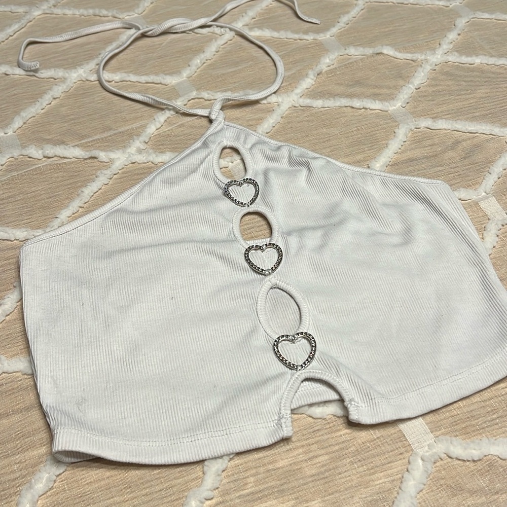 White Tie Halter Top w/ Cut-Outs & Rhinestone Hearts | Size Small/Medium